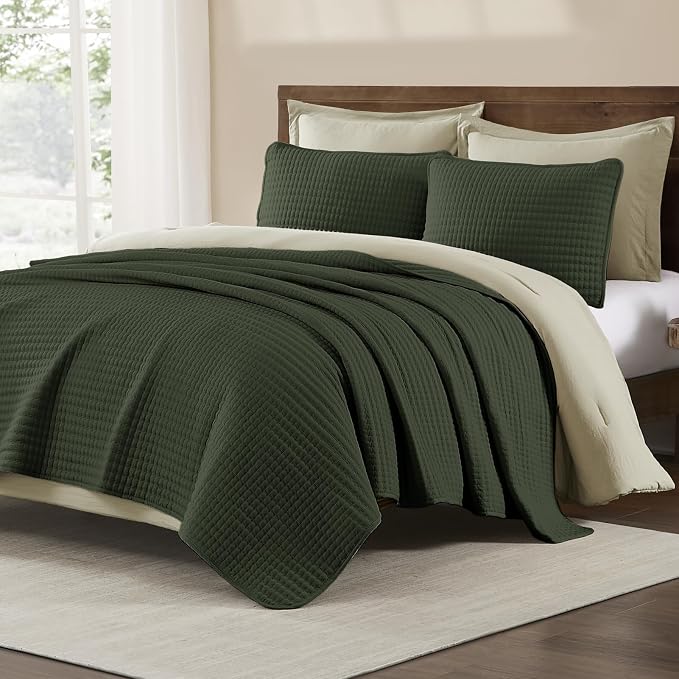 Queen Quilt-Lightweight Bedspreads Dark Green Queen Size Quilt Bedding Set | Soft Coverlet with 2 Pillow Shams for All Seasons, Suitable for Bed, Couch, 3 Pieces, 90"x94"