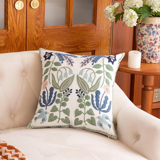 YIcabinet Pillow Covers Set of 2, Embroidered Branch Pattern Throw Pillow Cover,Square Cotton Cushion,Pillow Case for Sofa Bedroom Couch,18"x18"