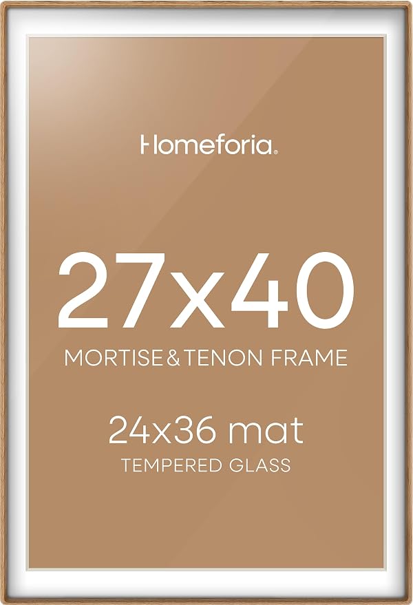 Homeforia 27x40 Mortise&Tenon Natural Oak Poster Frame, 24x36 Mat, Glass