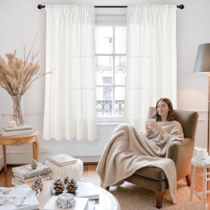 YoungsTex Ivory White Linen Curtains 63 Inch Length for Living Room, Semi Sheer Window Drapes Light Filtering Textured with Rod Pocket Back Tab for Bedroom, 2 Panels, 42 X 63 Inch