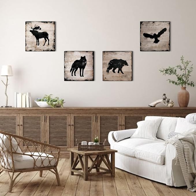 Cabin Wildlife Wall Art Rustic Animals Pictures Wall Decor Farmhouse Moose Deer Wolf Eagle Poster Hunting Themed Bear Paintings Woodland Forest Canvas Prints Artwork Living Room Decorations 16x16" 4P