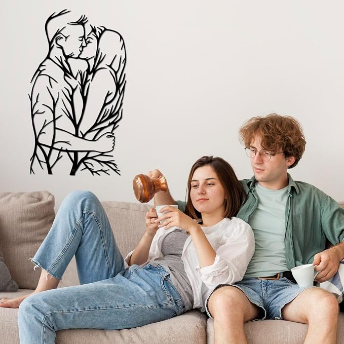 DUOOLN Metal Couple Wall Art, Life Tree Decorations Lovers Bedroom Decor. | Kissing Silhouettes Pictures|Minimalist Romantic Sculpture |Home Office Headboard Bathroom Ornaments|Black 43x25cm