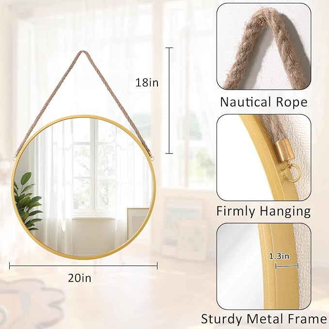 Hanging Round Mirror Modern Circle Metal Framed Hanging Wall Mirrors with Rope Artistic for Bathroom Bedroom Vanity Living Room Entryway Gold 20"