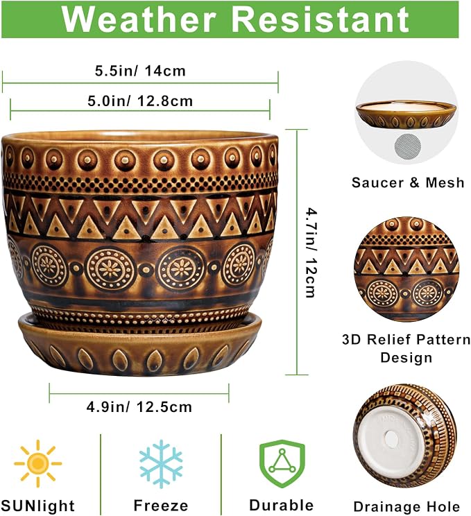 G EPGardening Ceramic Pot for Plants 5.5 Inch - Ceramic Plant Pot with Drainage Hole and Saucer, Boho Round Planter for Indoor Outdoor Plants, Plant Lover Gifts, Office Garden House Decor, Brown