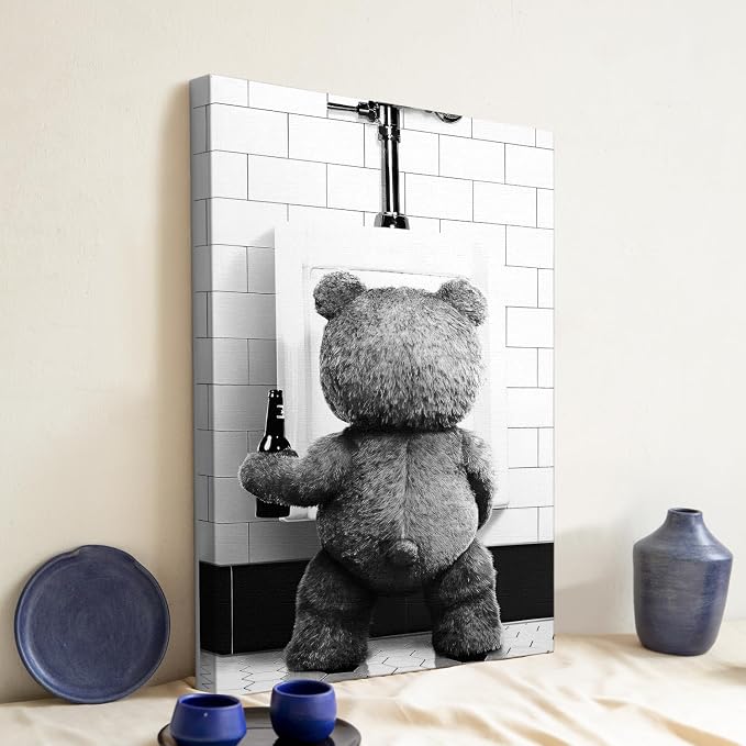 DIHSIEG Funny Teddy Bear Bathroom Wall Art Toilet Humor Canvas Print 12x16 | Unframed Modern Decor for Powder Room, Above Toilet Decoration, Restroom Accent, Unique Wall Hanging Gift for Home & Friends