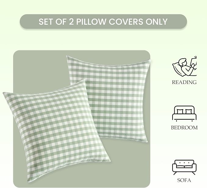 CARRIE HOME Set of 2 Farmhouse Sage Green Gingham Throw Pillow Covers 18x18 Checkered Plaid Decorative Pillow Cover Classic Retro Plaid Decor for Room Patio and Porch, Grey Green and White Gingham