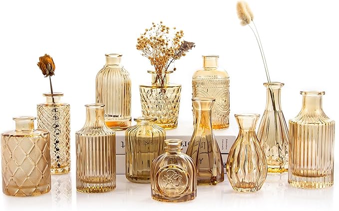 TBWIND Gold Amber Glass Bud Vases Set of 12, Small Vases for Flowers | Mini Vintage Vases, For Centerpieces, Bud Vase in Bulk, For Wedding Decor, Single Flowers, Office and Home Table Flower Décor