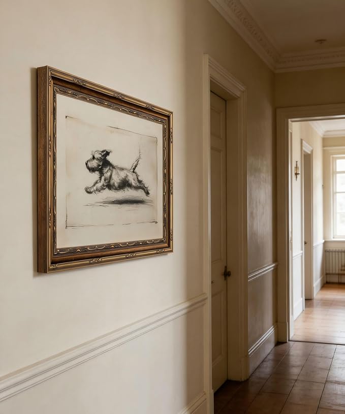 Vintage Gold Framed Running Dog Antique Terrier Sketch Wall Art 16x24in