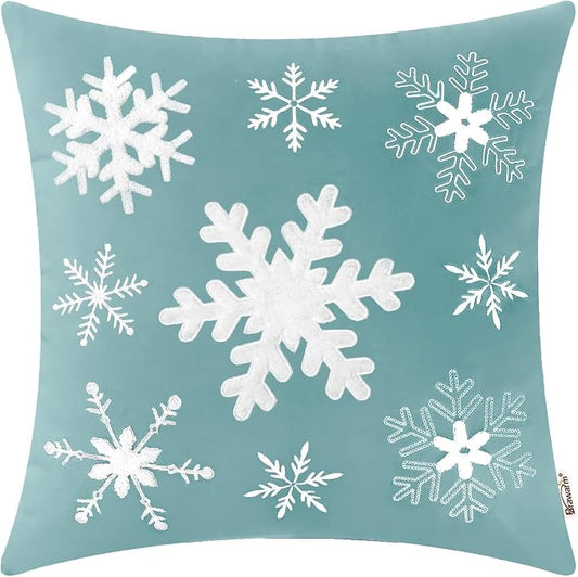 BRAWARM Christmas Pillow Cover 20 X 20 Inches, Teal Snowflake Embroidered Pillow Cover, Soft Velvet Decorative Throw Pillow for Couch Bed Sofa Living Room Home