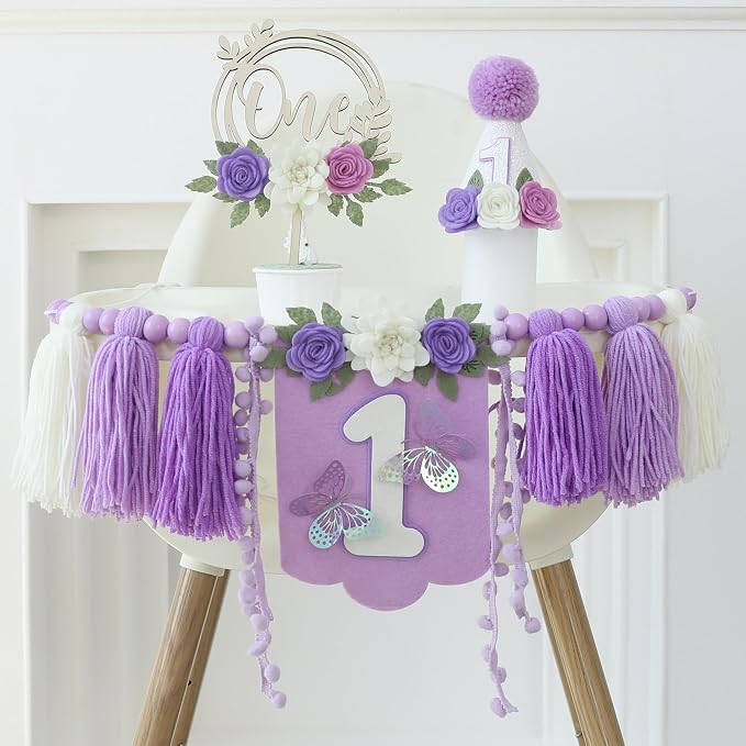 JUIIZAY Butterfly First Birthday Decorations for Girl Purple High Chair Banner One Flower Cake Topper Floral Hat 1st Birthday Decoration Supplies