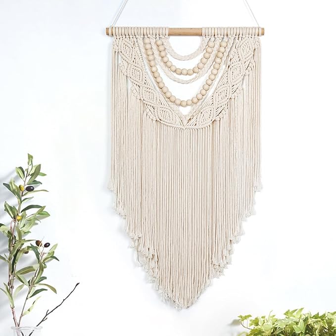 Beige Macrame Wall Hanging Handmade Tapestry with Chic Wooden Beads Tassels