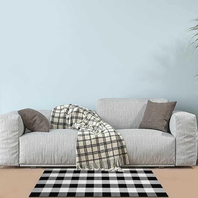 Buffalo Plaid Area Rug, Checkered Rug 3x5 Ft, Black and White Rug, Washable Cotton Mat for Front Porch, Entryway, Kitchen, Living Room, Home Decor
