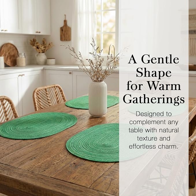 Placemats Set of 8, Woven Oval Braided Dining Table Mats(Green Shine) | 12 x 17.5 Inch Size Fits Plates and Flatware; Hand Washable and Heat Resistant for Kitchen Use, with Farmhouse and Boho Style