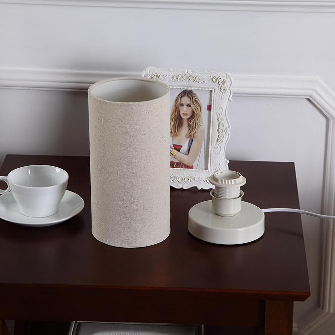 Bieye L10271 Linen Fabric Table Lamp with Cylindrical Lampshade, 11-inch Tall (Creamy-White)
