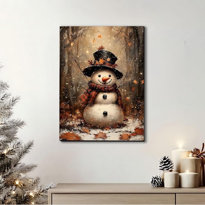 Vintag Snowman in Forest Christmas Canvas Print 12x18, Fall Wall Art, Rustic Winter Holiday Paintings, Christmas Art for Living Room Christmas Poster & Prints for Home Decorations