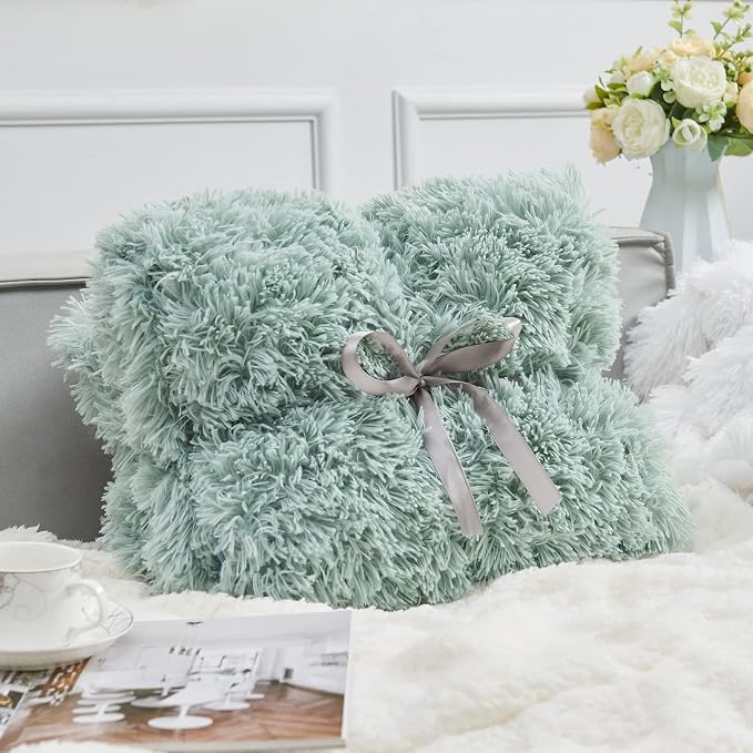 GONAAP Fuzzy Faux Fur Twin Blanket for Couch, Ice Blue, 60"x80" | Warm Cozy Plush Shaggy Decorative Reversible Thick Non-Heated Fleece Blanket for Sofa Bed, Gift for Women Men, All Season Use