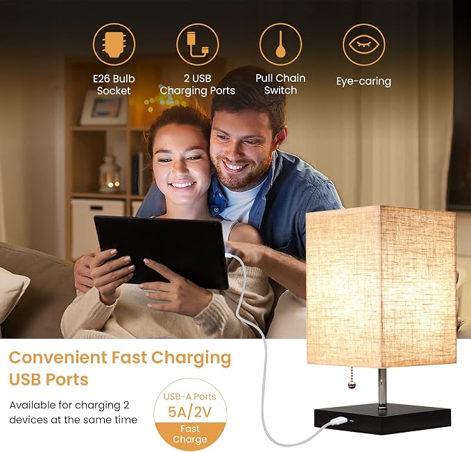 Siljoy Modern Desk Lamp with Pull Chain Switch, Bedside Table Lamp with 2 USB Charging Ports, Nightstand Lamp with Beige Fabric Lampshade & Black Wooden Base for Bedroom, Living Room, Office