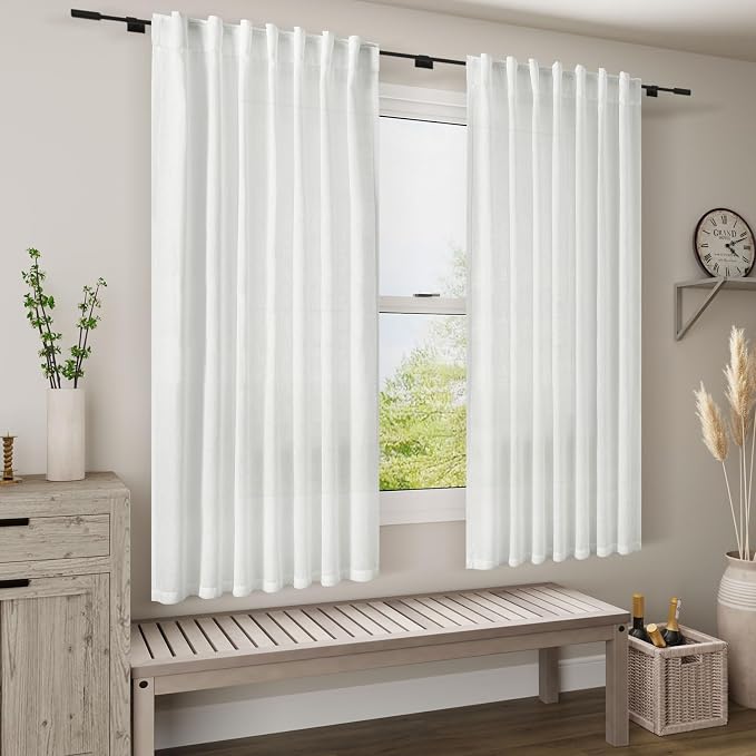 White Farmhouse Decor Curtains 63 Inch Length for Living Room Linen Blend Light Filtering Curtains Back Tab and Rod Pocket Textured Curtain for Bedroom 34 X 63, 2 Panels