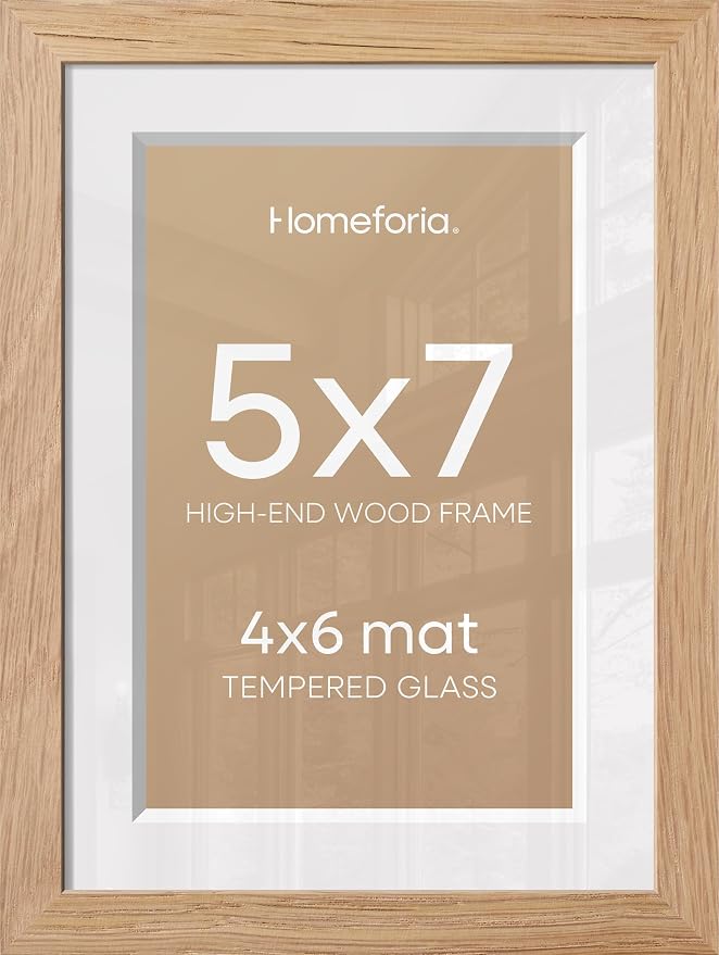 Homeforia 5x7 Natural Oak Picture Frame, High-End Wood, 4x6 Mat, Glass