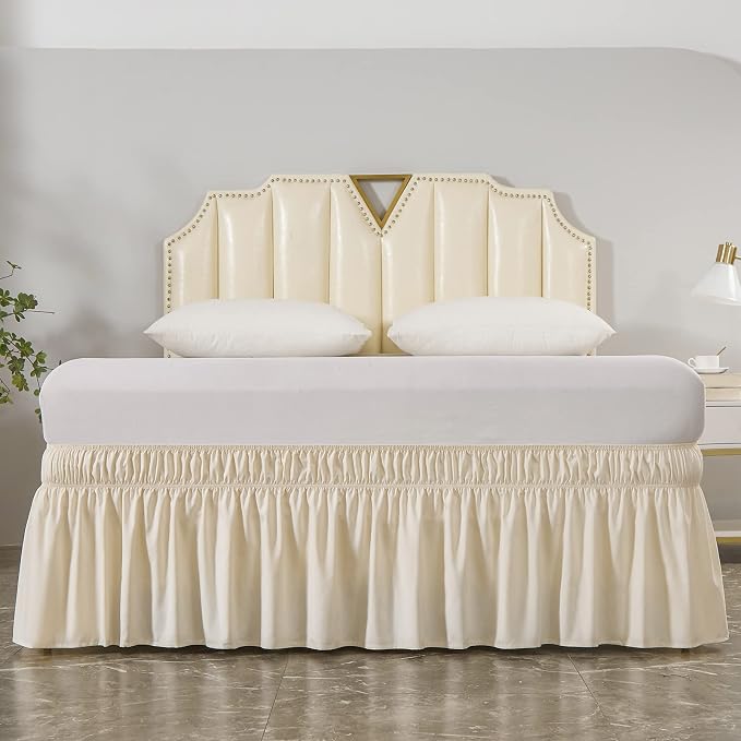 MEILA Wrap Around Elastic Bed Skirt for Twin & Full Beds, 16" Drop, Beige | Three-Side Adjustable Elastic Dust Ruffle, Ruffled Polyester Fabric, Easy to Install, Fade Resistant & Machine Washable