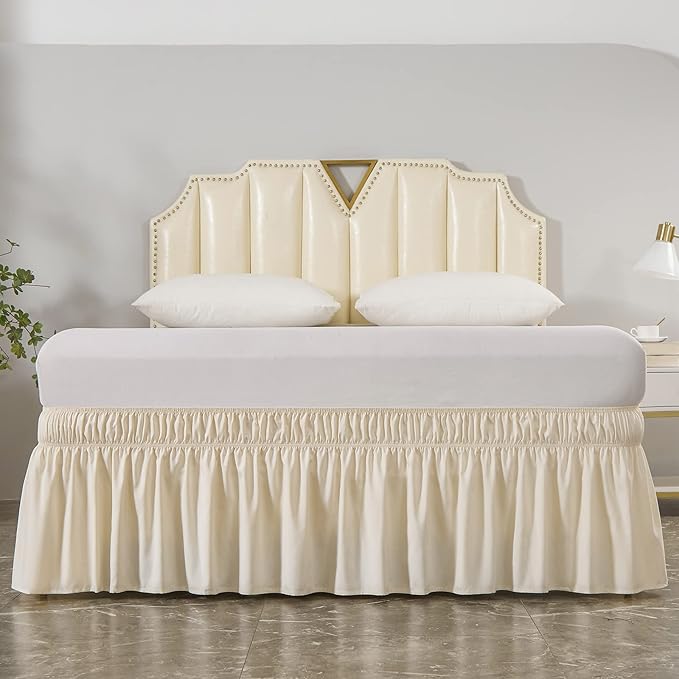 MEILA Wrap Around Elastic Bed Skirt for Queen & King Beds, 16" Drop, Beige | Three-Side Adjustable Elastic Dust Ruffle, Ruffled Polyester Fabric, Easy to Install, Fade Resistant & Machine Washable
