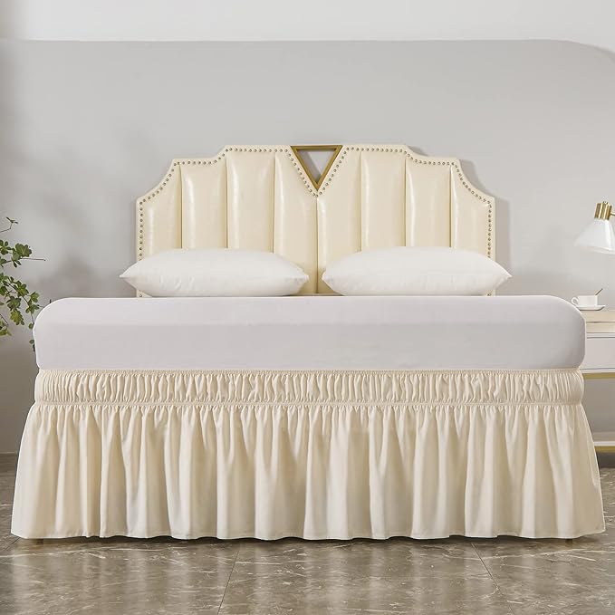 MEILA Wrap Around Elastic Bed Skirt for Twin & Full Beds, 14" Drop, Beige | Three-Side Adjustable Elastic Dust Ruffle, Ruffled Polyester Fabric, Easy to Install, Fade Resistant & Machine Washable