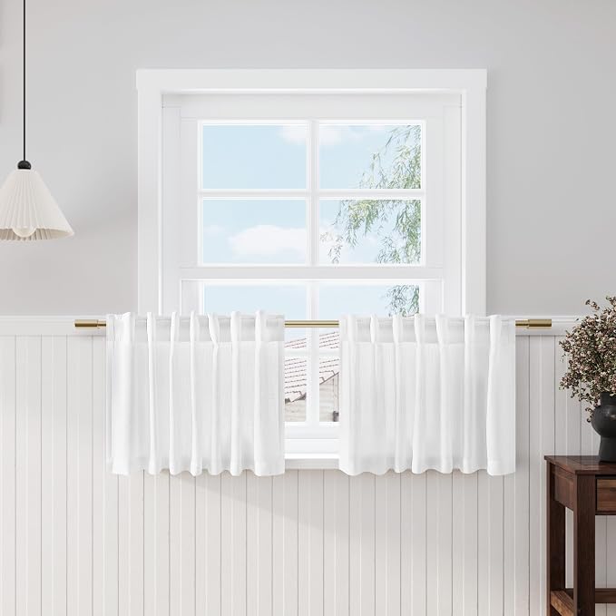 Linen Textured White Curtains Window Toppers Valances Semi Sheer Linen Curtains 2 Panels Set Back Tab Rod Pocket Drapes for Kitchen Bedroom Small Short Window Cafe Decor 52x18