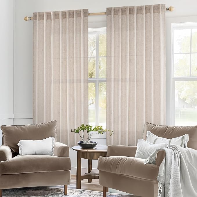MIULEE Natural White Linen Curtains 52x60 Inch Length 2 Panels for Bedroom | Living Room, Soft Thick Linen Textured Window Drapes, Semi Sheer Light Filtering, Back Tab Rod Pocket, Burlap Look Decor