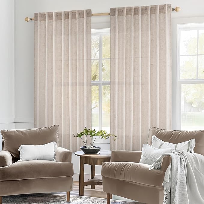 MIULEE Natural White Linen Curtains 52x63 Inch Length 2 Panels for Bedroom | Window Drapes for Kitchen Living Room, Soft Thick Linen Textured, Semi Sheer Light Filtering, Back Tab Rod Pocket,Burlap Look