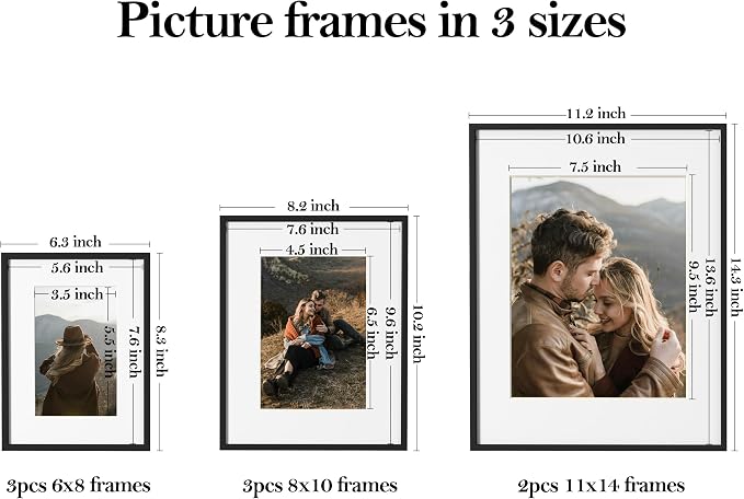 eletecpro Aluminum Gallery Wall Frame Set of 8 with Glass Cover, Black | Including 2Pcs 11x14, 3Pcs 8x10, 3Pcs 6x8 Photo Frames, Multiple Sizes Picture Frames Collage Wall Decor or Tabletop Display