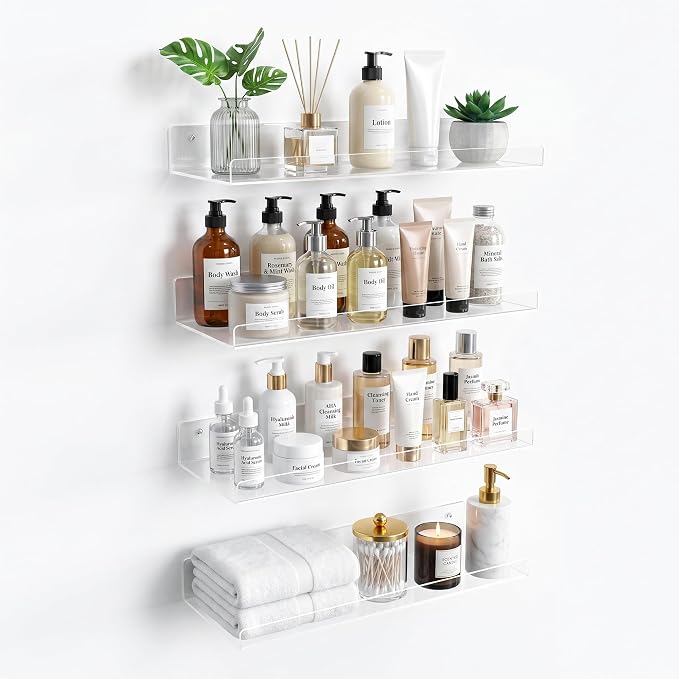 upsimples 15" x 6" Acrylic Shelves for Wall Storage and Organizer, 4 Pcs