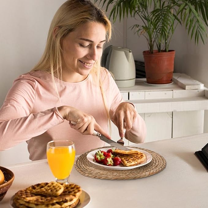 13.8'' Round Woven Placemats Set of 6, Boho Wicker Chargers, Terrekraft | Handmade from Natural Water Hyacinth, Heat-resistant & Non-slip Rattan Chargers, Rustic Farmhouse Decor, Party & Daily Dining