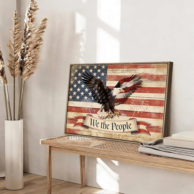 American Flag Framed Canvas Wall Art, 4th of July Patriotic Canvas Prints | USA Flag with Bald Eagle Poster Print, Vintage Independence Day Wall Decor for Bedroom Living Room 20×24in