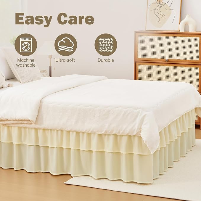 Cream Yellow Queen Bed Skirt 18 Inch Drop, Double Layer Dust Ruffle | Hides Storage, Double Layer Ruffle, Elastic Stays Put, Soft Fabric, Machine Washable, Elegant Look