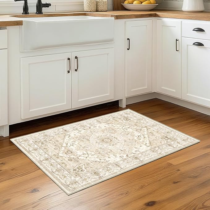 AooHHooA 2x3 Washable Entryway Rug Beige, Soft Stain Resistant 2x3 Boho Rug Vintage Small Rugs for Entryway, Low Pile Lightweight Non-Slip Indoor Door Mat Small Rugs for Bedroom