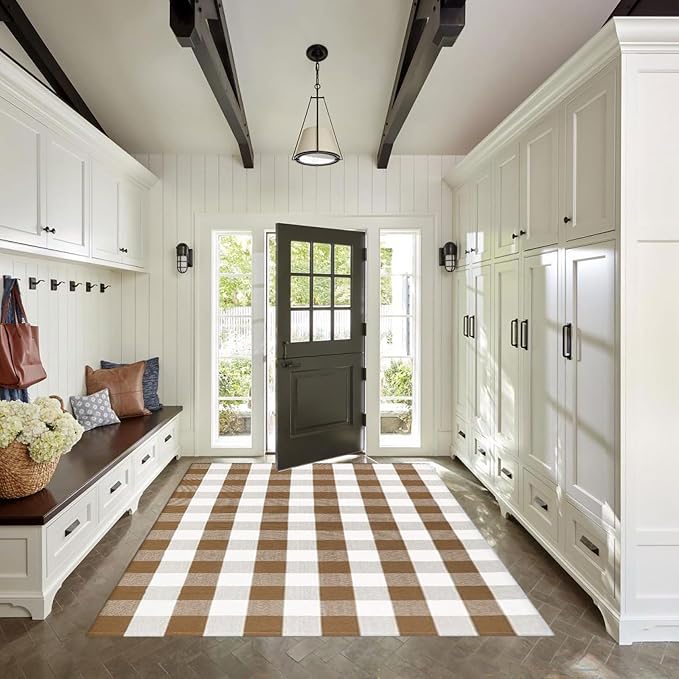 Buffalo Plaid Outdoor Rugs, 4' x 6' Brown and White Checkered Indoor/Outdoor Area Rug, Layering Rug for Hello/Welcome Door Mat, Washable Cotton Woven Farmhouse Mat for Fall Front Porch Décor