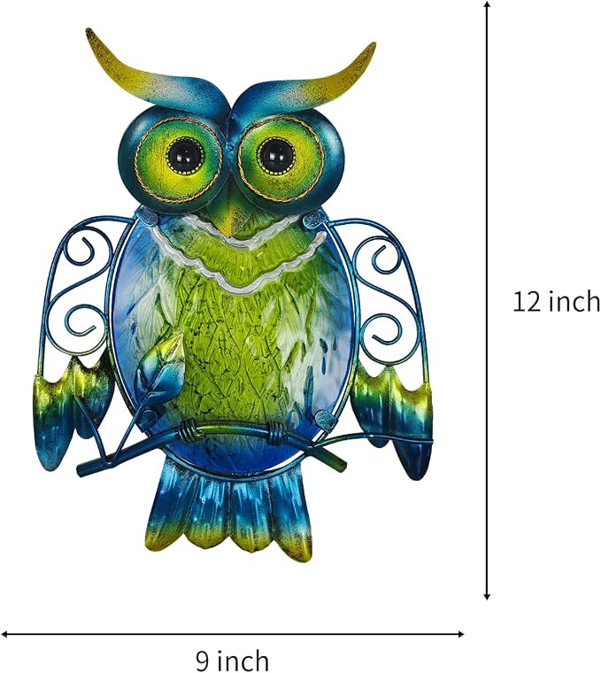LIFFY Cute Metal Owl Wall Decor - Unique Outdoor Wall Art Decoration - Glass Hanging Wall Owl Decor Brighten Up Patio, Porch or Door, Garden Decoration, Birthday Gift Ideas