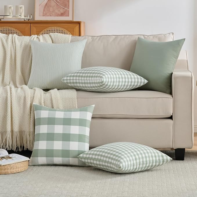 Sage Green Farmhouse Striped Outdoor Throw Pillow Cover 18x18 Set of 2 | Soft & Breathable Couch Pillow Cases, Green Outdoor Pillow Covers 18 x 18,Sage Green Farmhouse Decorative Couch Pillow Covers