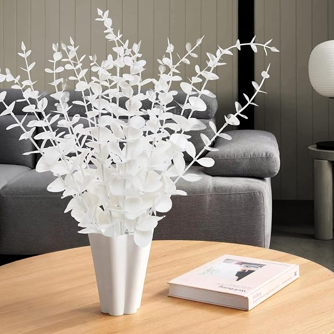 18pcs White Eucalyptus Stems Greenery Stems Fake Leaves Artificial Flowers Bouquet Faux Branches Centerpiece Flores Plants for Home Party Decor Wedding Decoration