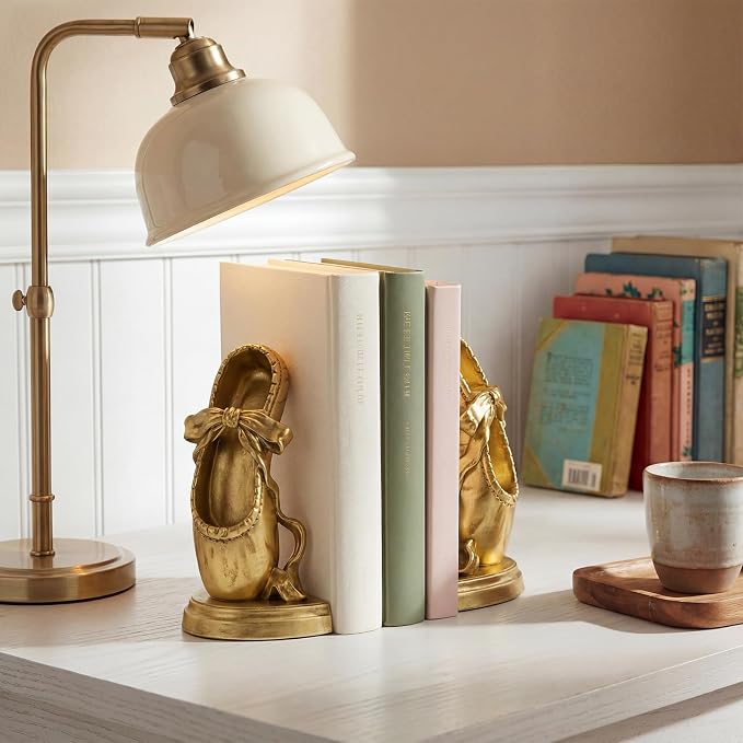 Bookends for Shelves, Ballet Slipper Decorative Bookends - Book Ends with Anti-Slip Pad for Book Lovers Dancers Heavy Book Holder for Home Office Decor (Gold)