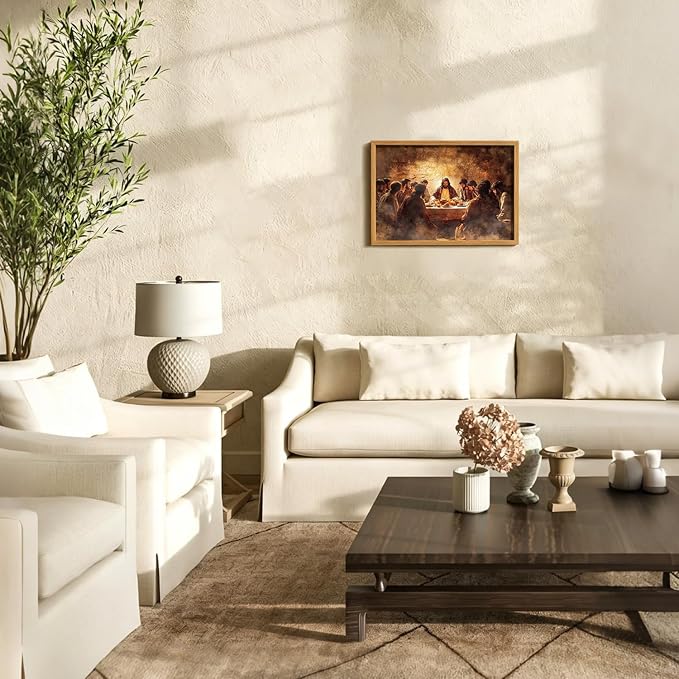 AUUAUU The Last Supper Wall Art, Wood Framed Jesus Religious Canvas Painting, Vintage Christian Wall Decor for Living Room Bedroom, 16x24 Inches Ready to Hang