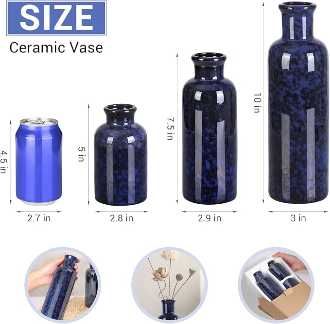 Small Blue Ceramic Vase Set of 3, Boho Modern Flower Vase Room Decor, Farmhouse Decor, Vases for Your Kitchen, Bathroom, Bedroom, Living Room, Office&Shelf Centerpiece Table Decorations