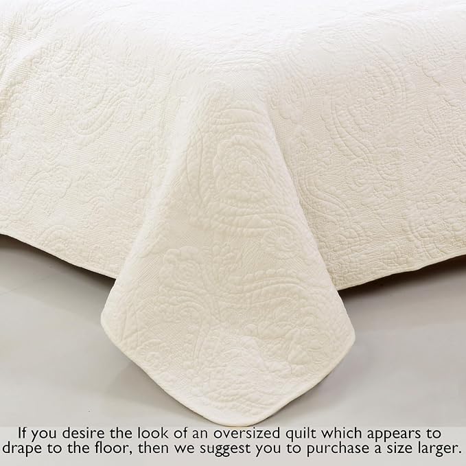 Cozy Line Home Fashions Ivory Cotton Quilt Set – 3-Piece Quilted Damask Medallion Bedspread with Shams, Textured All Season Elegant Bedding, Queen