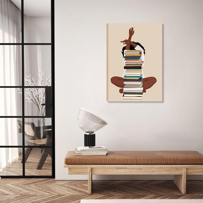 AKWISH Black Girl Canvas Wall Art - African American Wall Decor, Modern Black Woman with Book Art for Bedroom Living Room - Framed 16x24 inch