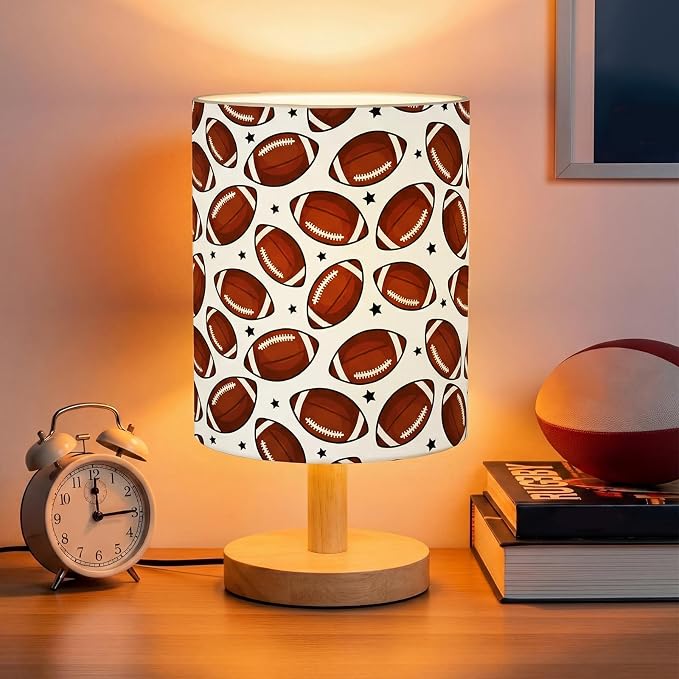 VIHOSE Football Kids Table Lamp for Bedroom Kids Bedside Lamp with Linen Wooden Nightstand Cartoon Nursery Lampshade for Girls Boys Living Room