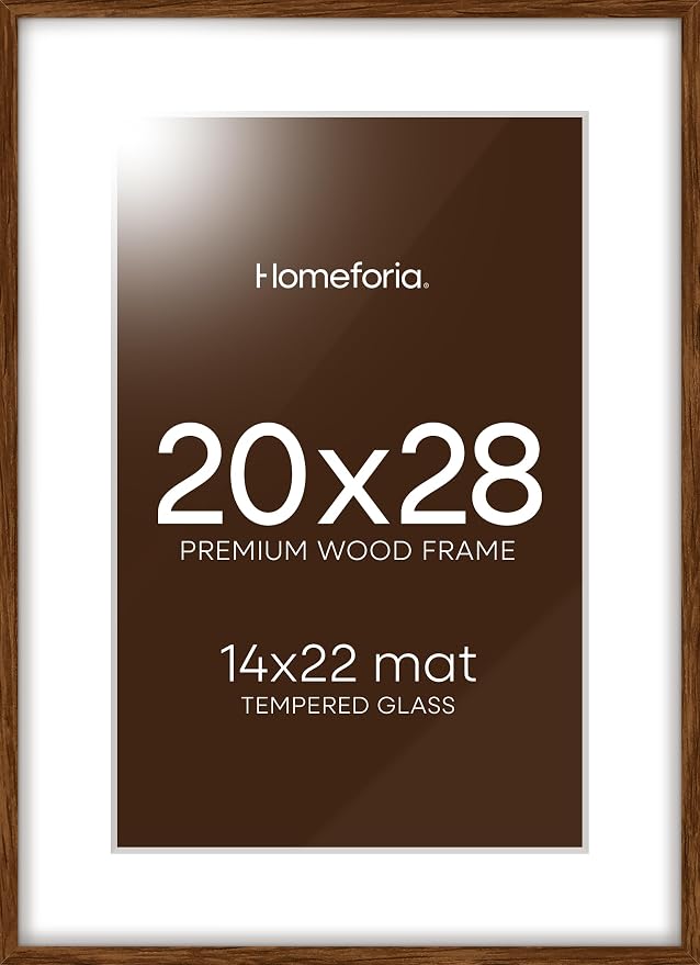 Homeforia 20x28 Brown Oak Picture Frame, High-End Wood, 14x22 Mat, Glass