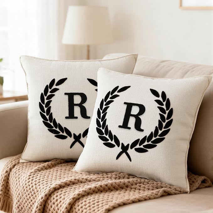 Pack of 2 Chenille Initials Pillowcases 18x18 inch Cream White