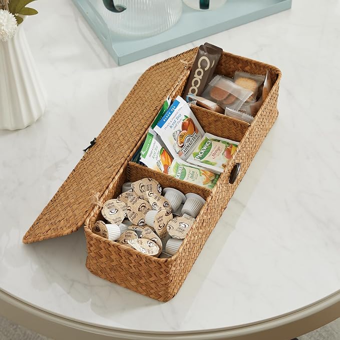 Nonam 3-Section Divided Storage Small Basket with Lid,Shelf Basket-Natural | Seagrass Organizer for Tea,Sugar,Coffee,Woven Shelf Bin for Closet,Toilet Tank,Rectangular Narrow Boho Basket Home Decor