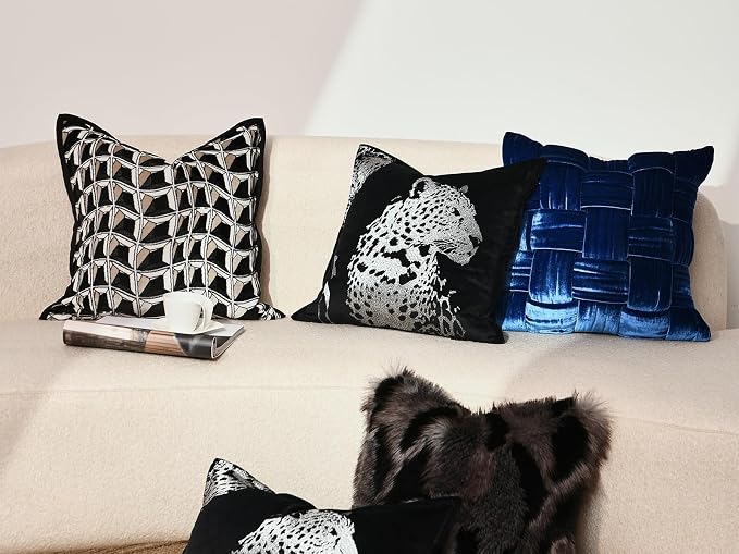 Velvet Lumbar Pillow Covers 12x20'' inches, Handmade Embroidered Cheetah Face Throw Pillow Case, Luxury Soft Decorative Cushion Cover for Sofa Bed Couch Living Room(Silver)