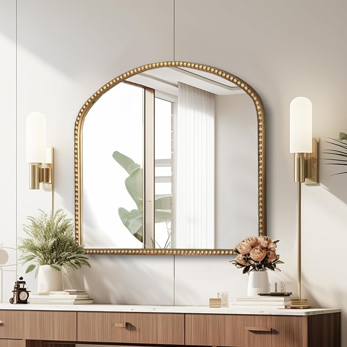 Arched Antique Gold Bathroom Mirror Baroque Metal Beaded Frame Wall Mirrors Decorative Wall Mirrors for Vanity Bedroom Entryway